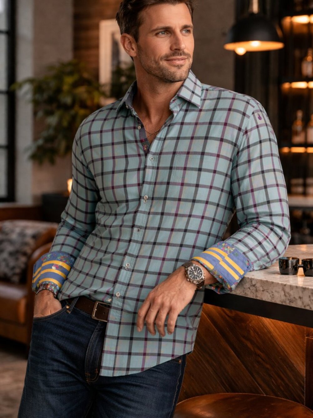 Robert Graham X Collection Shirt XL Blue Plaid Flip Cuff Button Up Men Classic